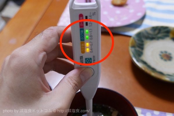 タニタの電子塩分計「しおみくん」でみそ汁の塩分を計ってみた。